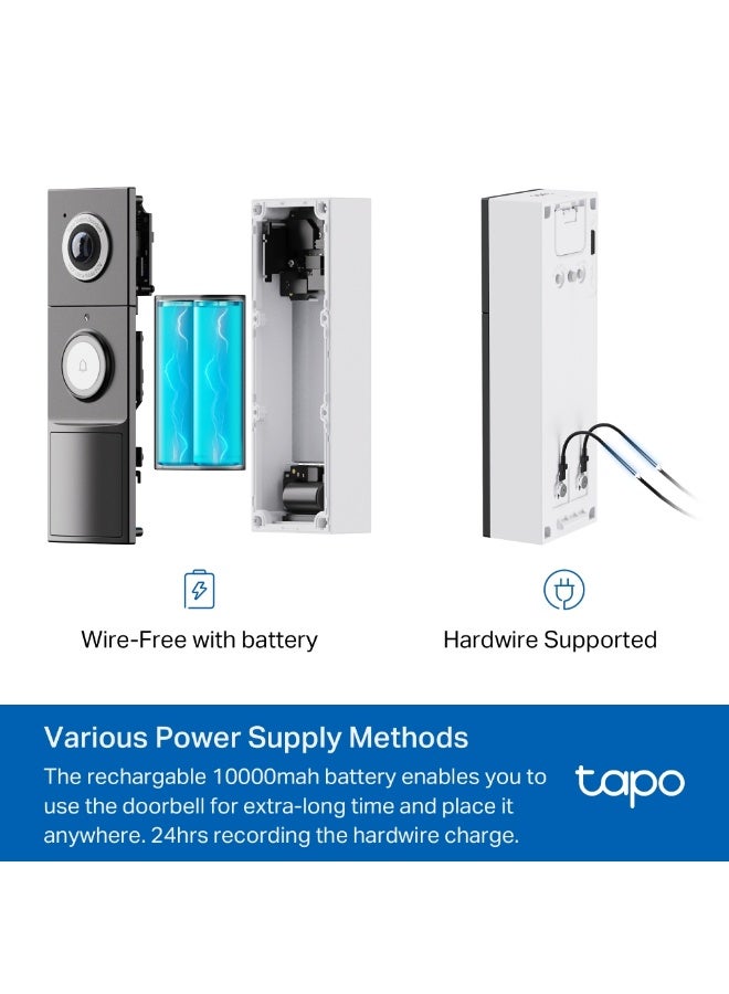 TP-LINK Tapo D235 Video Doorbell Camera with 2K 5MP Clarity, 180° Ultra-Wide View, Full-Color Night Vision, Two-Way Audio, Free AI Detection Alerts, IP66 Weatherproof, and 210-Day Battery or Wired Power Options Black & White - Image 2