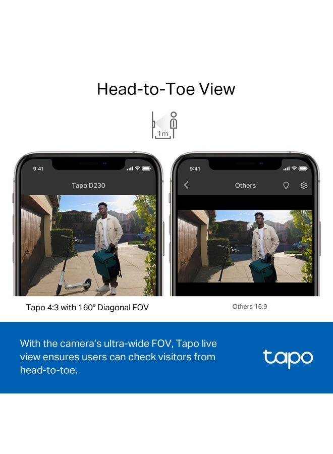 TP-LINK - Tapo D230S1 Smart Battery Video Doorbell with 2K 5MP Live View, Color Night Vision, Head-to-Toe 160° Field of View, Smart AI Detection, Flexible Placement, Anti-Theft Alarm, and IP64 Water & Dust Resistance Black & White - Image 1