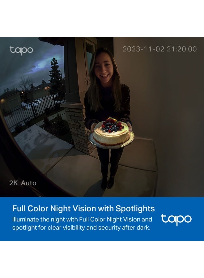 TP-LINK Tapo D210 Video Doorbell Camera with 2K Clarity, 160° Ultra-Wide View, Full-Color Night Vision, 6-Month Battery Life, Smart AI Detection, Two-Way Audio, IP65 Weatherproof, and Local/Cloud Storage Options Black & White - Image 4