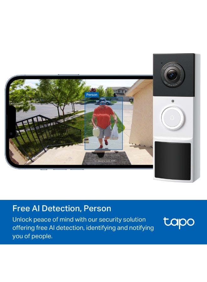 TP-LINK Tapo D210 Video Doorbell Camera with 2K Clarity, 160° Ultra-Wide View, Full-Color Night Vision, 6-Month Battery Life, Smart AI Detection, Two-Way Audio, IP65 Weatherproof, and Local/Cloud Storage Options Black & White - Image 2