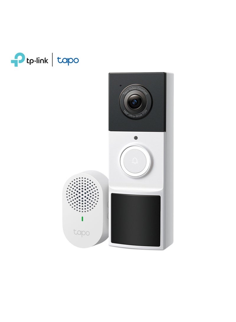 TP-LINK Tapo D210 Video Doorbell Camera with 2K Clarity, 160° Ultra-Wide View, Full-Color Night Vision, 6-Month Battery Life, Smart AI Detection, Two-Way Audio, IP65 Weatherproof, and Local/Cloud Storage Options Black & White - Image 1