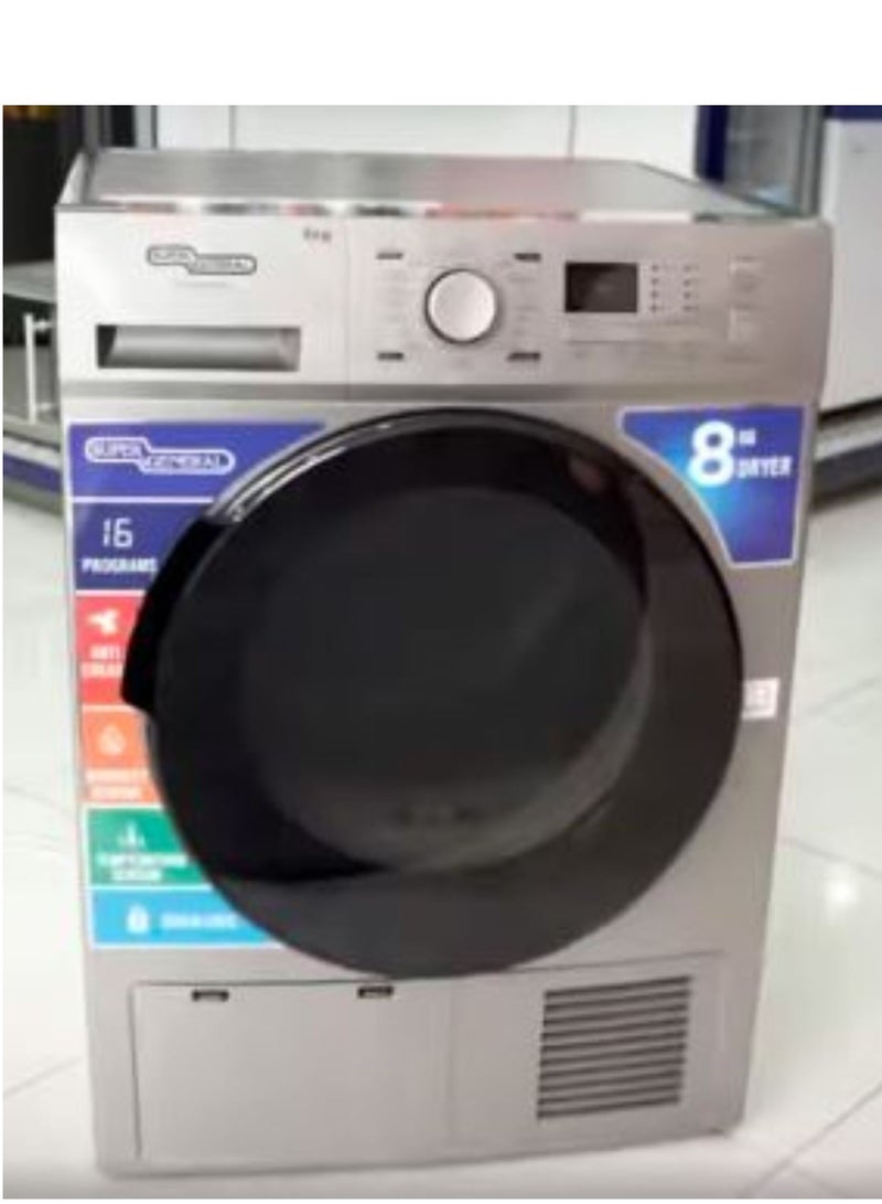 SUPER GENERAL - 8KG Dryer With 16 customizable programs, Digital Display 8 kg SGD8800DDS Silver - Image 1