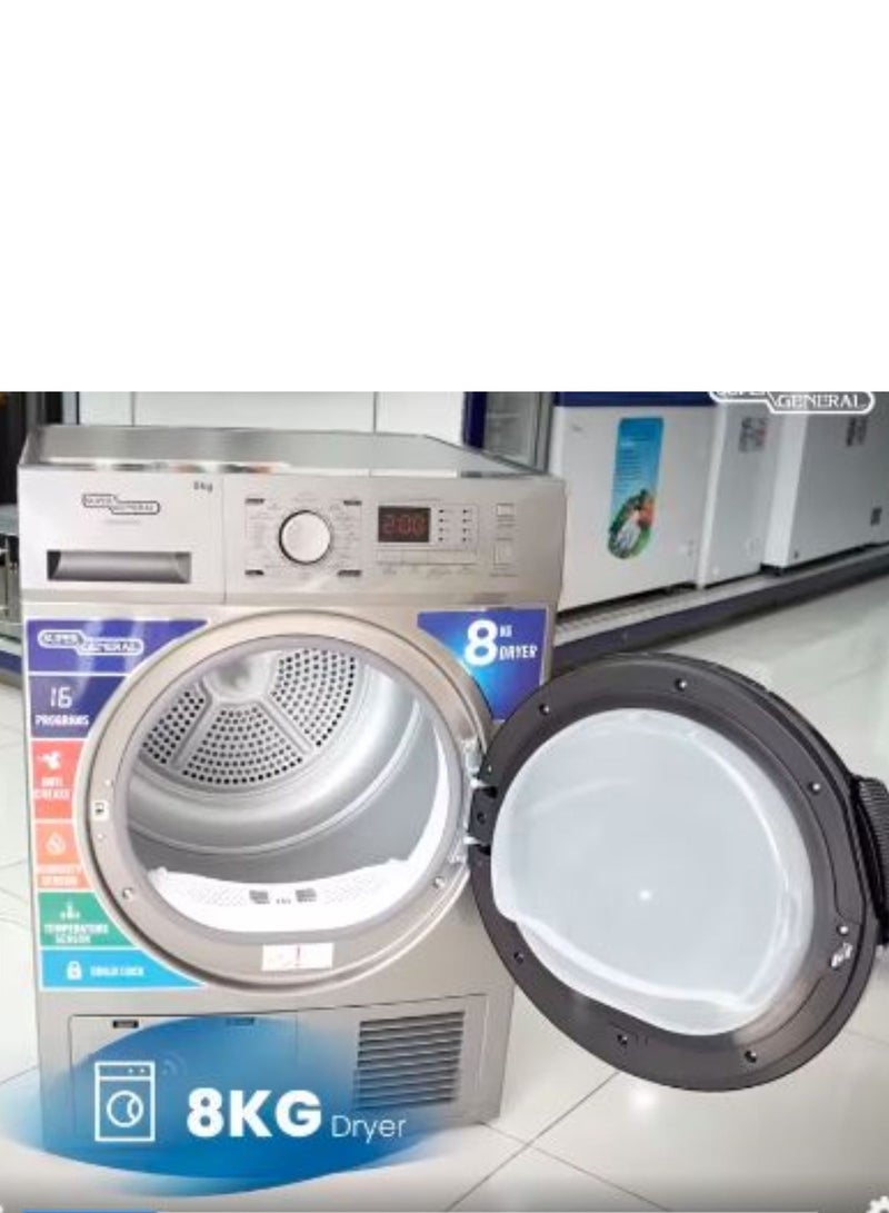 SUPER GENERAL - 8KG Dryer With 16 customizable programs, Digital Display 8 kg SGD8800DDS Silver - Image 1