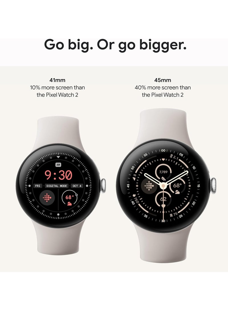 Google - Google Pixel Watch 3 (45mm) - Android Smartwatch with Heart Rate Tracking, Advanced Running from Fitbit, Fitness Insights, 24-Hour Battery - Polished Silver Aluminium Case - Porcelain Band - Wi-Fi Silver - Image 1