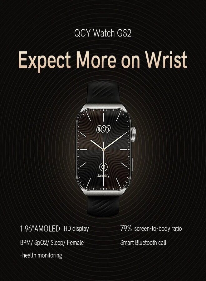 260 mAh QCY Watch GS2 With 1.96 AMOLED Big Screen Display, 100 Plus Watch Faces, 10 Days Battery Life, Health and Sports Tracking Black - pnsku/N70148294V/45/_/1738572513/b62df503-2d5a-4677-bd63-140c1b7c75d1