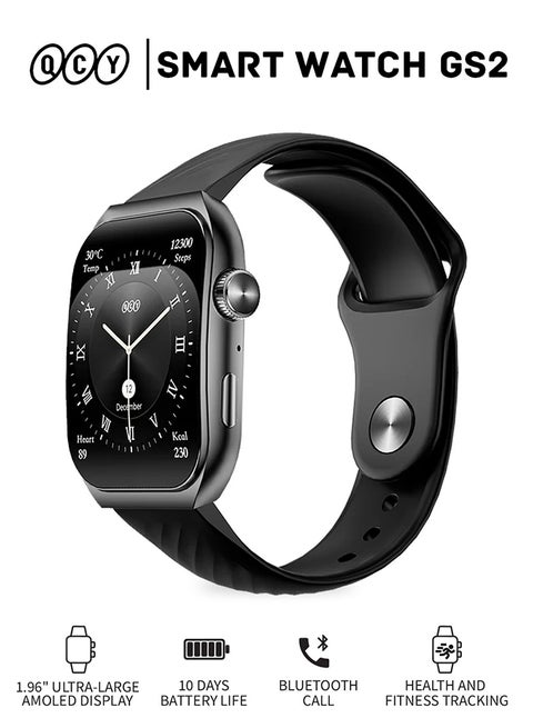 260 mAh QCY Watch GS2 With 1.96 AMOLED Big Screen Display, 100 Plus Watch Faces, 10 Days Battery Life, Health and Sports Tracking Black