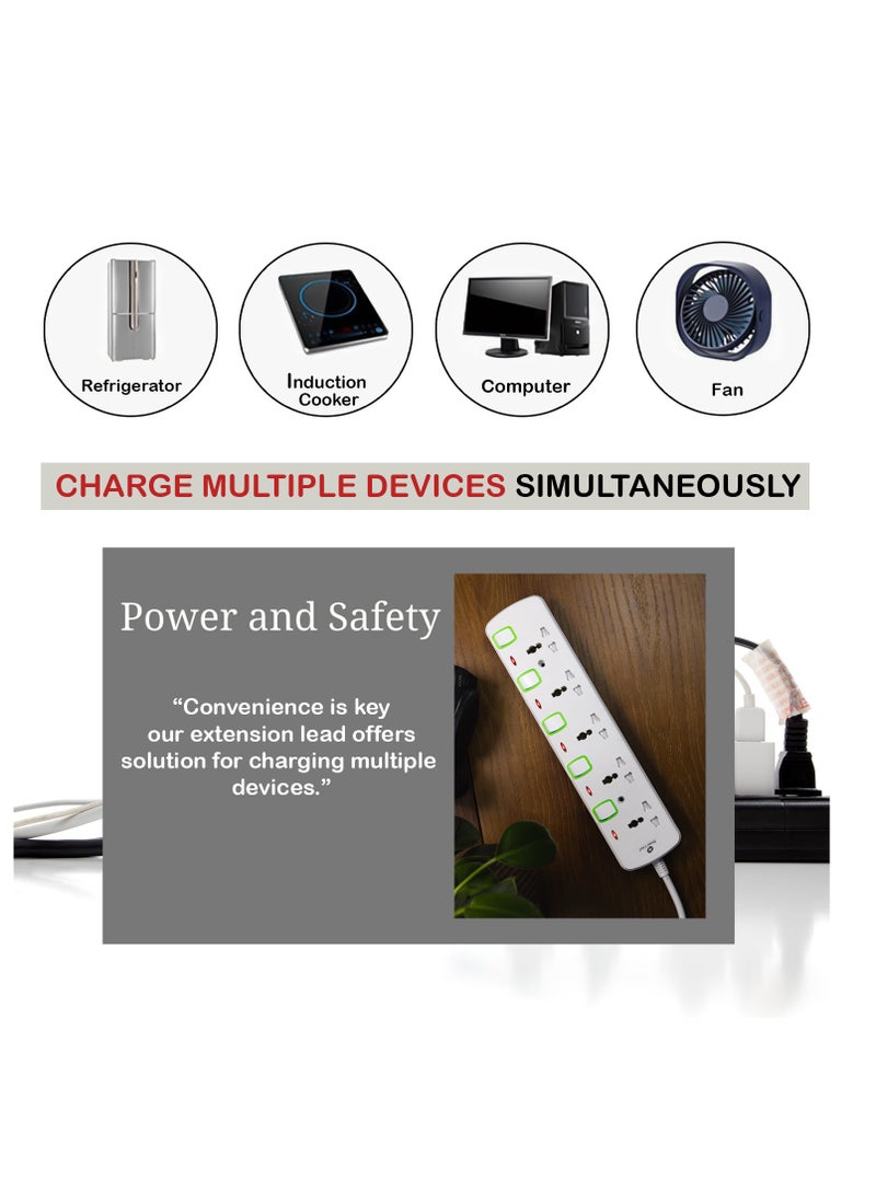 هوم كير - Home Care 5 Way Extension Socket 3M - Extension Lead Strip With Led Indicators | Extra Long Cord With Over Current Protected | Ideal For All Electronic Devices | 2 Years Warranty - Image 1