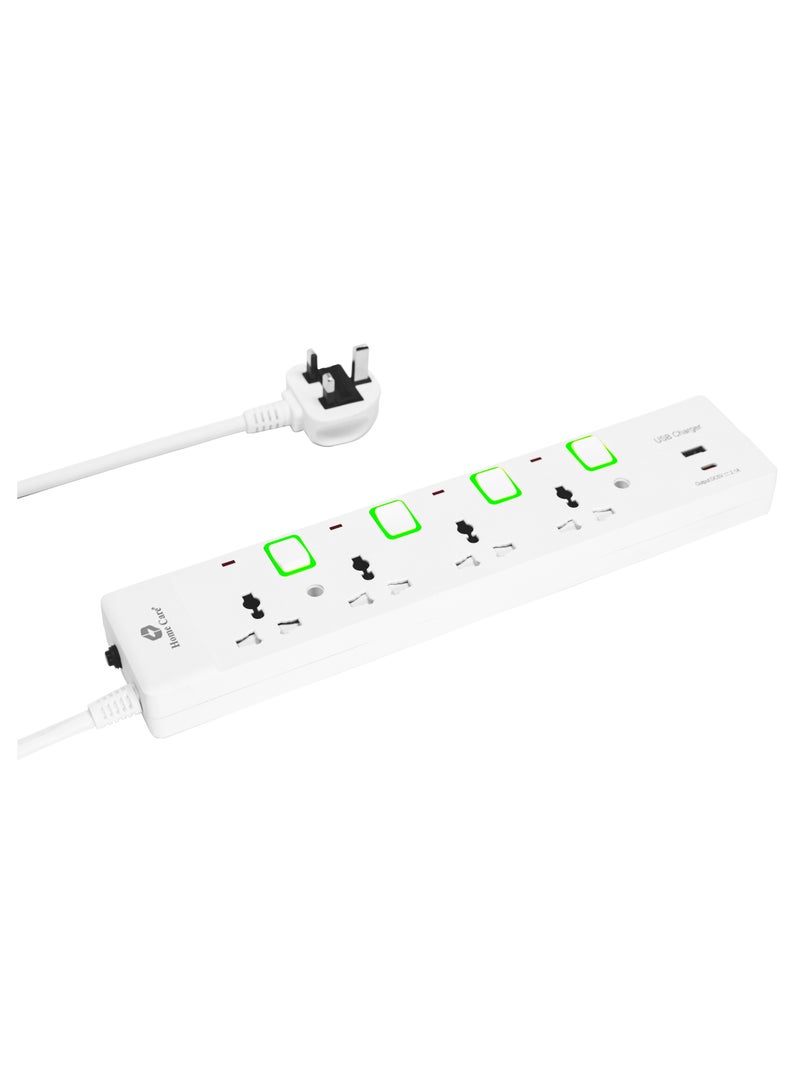 Home Care Home Care Extension Lead with USB Slots, 4Way Sockets Outlet Power Strips with 1USB Port And 1Type C Port, Universal Plug Adapter with 3M Extension Cord, Charging Station for Home, Office, Individually Switched  - Image 1