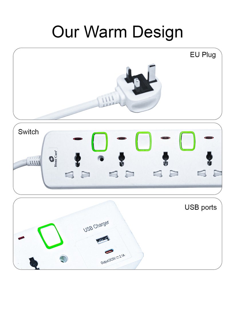 Home Care Home Care Extension Lead with USB Slots, 4Way Sockets Outlet Power Strips with 1USB Port And 1Type C Port, Universal Plug Adapter with 3M Extension Cord, Charging Station for Home, Office, Individually Switched  - Image 4