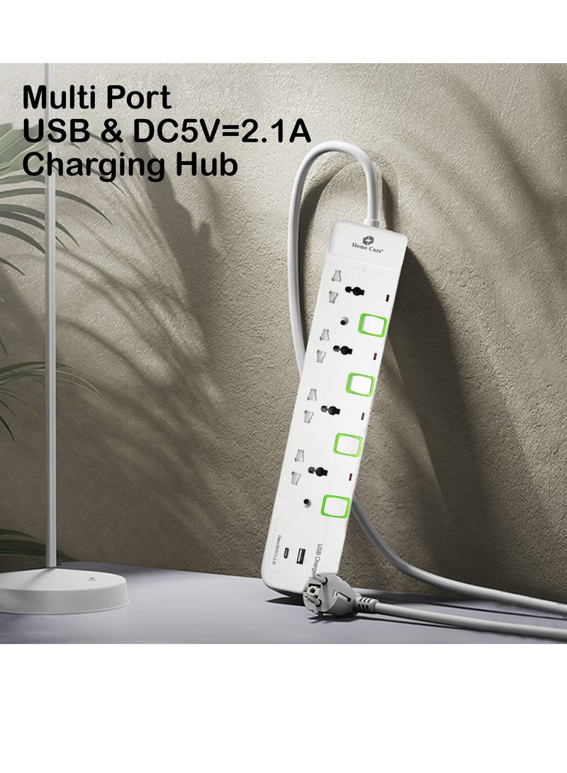 Home Care Home Care Extension Lead with USB Slots, 4Way Sockets Outlet Power Strips with 1USB Port And 1Type C Port, Universal Plug Adapter with 3M Extension Cord, Charging Station for Home, Office, Individually Switched  - Image 5