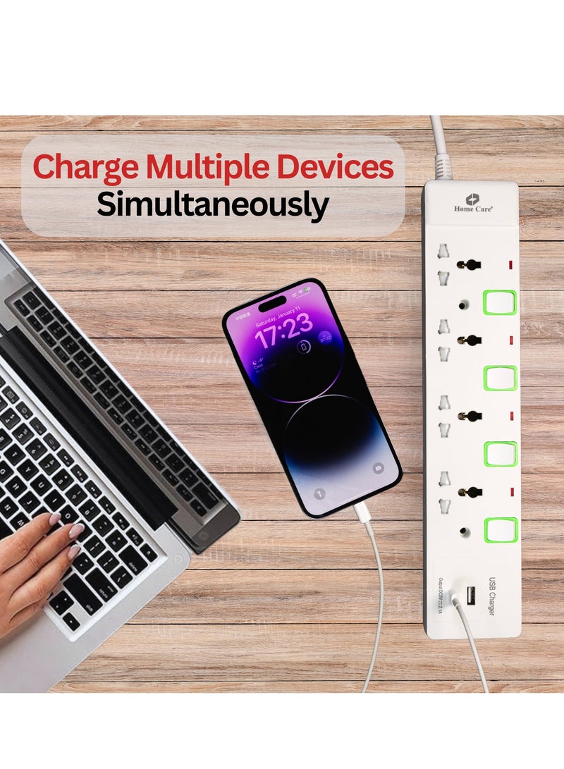 Home Care Home Care Extension Lead with USB Slots, 4Way Sockets Outlet Power Strips with 1USB Port And 1Type C Port, Universal Plug Adapter with 3M Extension Cord, Charging Station for Home, Office, Individually Switched  - Image 3