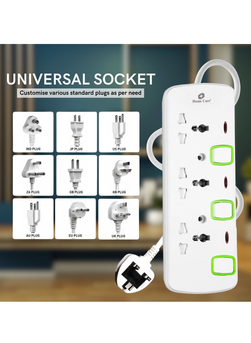 Home Care Extension Cord, 3-Outlet 2-Meter, Versatile Multi-Plug Power Extension Cable for Safe and Efficient Power Distribution – Ideal Extension Plug for Home, Office With Individual Safety Buttons