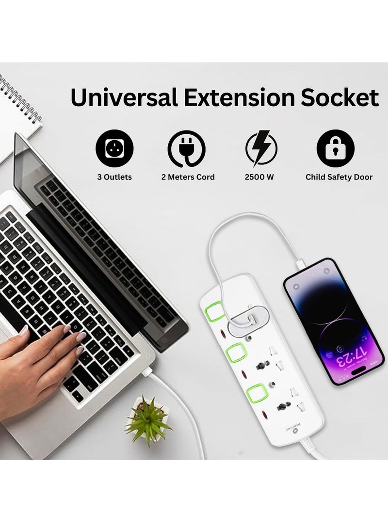 Home Care Extension Cord, 3-Outlet 2-Meter, Versatile Multi-Plug Power Extension Cable for Safe and Efficient Power Distribution – Ideal Extension Plug for Home, Office With Individual Safety Buttons