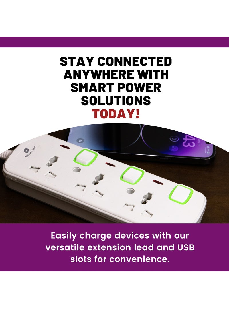 Home Care Extension Cord, 3-Outlet 2-Meter, Versatile Multi-Plug Power Extension Cable for Safe and Efficient Power Distribution – Ideal Extension Plug for Home, Office With Individual Safety Buttons