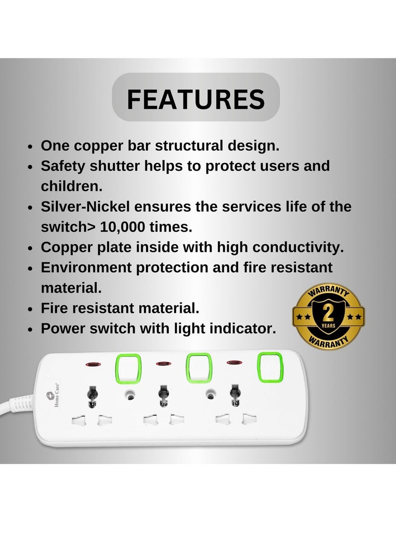 Home Care Extension Cord, 3-Outlet 2-Meter, Versatile Multi-Plug Power Extension Cable for Safe and Efficient Power Distribution – Ideal Extension Plug for Home, Office With Individual Safety Buttons