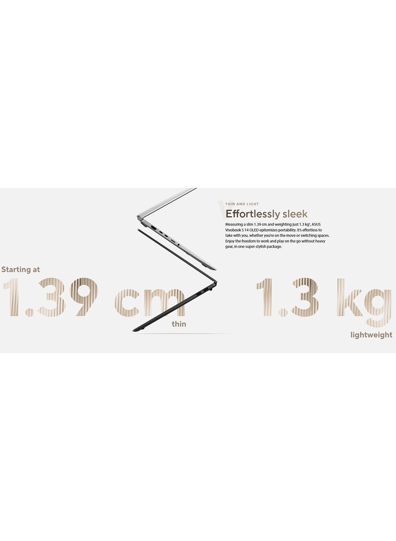أسوس Vivobook S  Laptop With 14-Inch OLED WUXGA (1920x1200) Display, AMD R5-7535HS Processor/8GB RAM DDR5/512GB SSD/Full HD Camera/ Backlit Keyboard 1-Zone RGB/ Type C Charge/ English/Arabic Aluminum silver  - Image 2