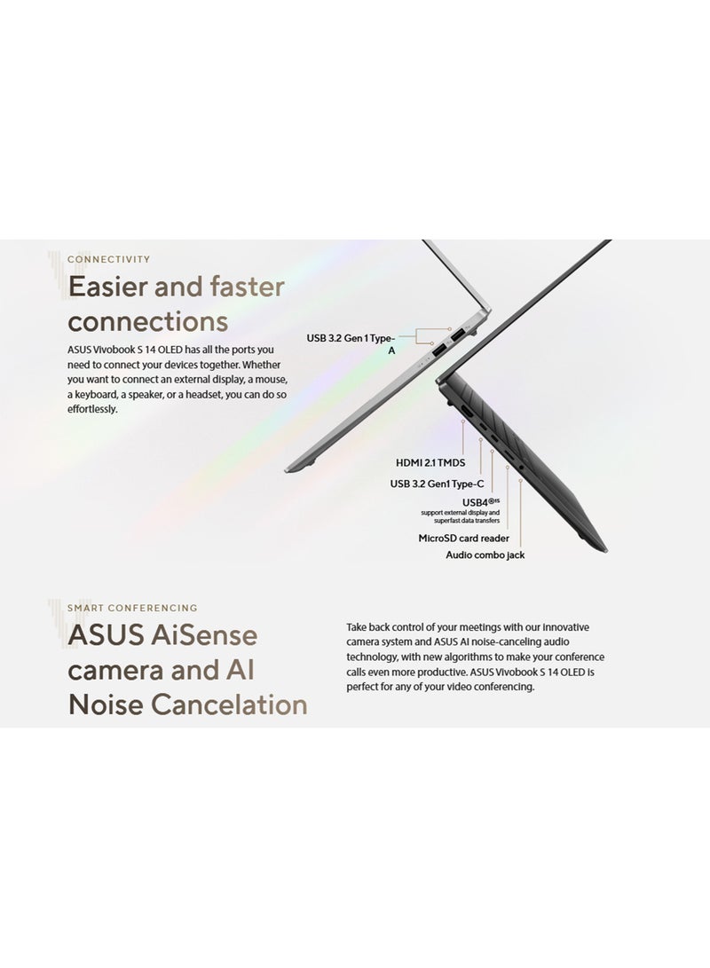ASUS - Vivobook S  Laptop With 14-Inch OLED WUXGA (1920x1200) Display, AMD R5-7535HS Processor/8GB RAM DDR5/512GB SSD/Full HD Camera/ Backlit Keyboard 1-Zone RGB/ Type C Charge/ English/Arabic Aluminum silver - Image 1