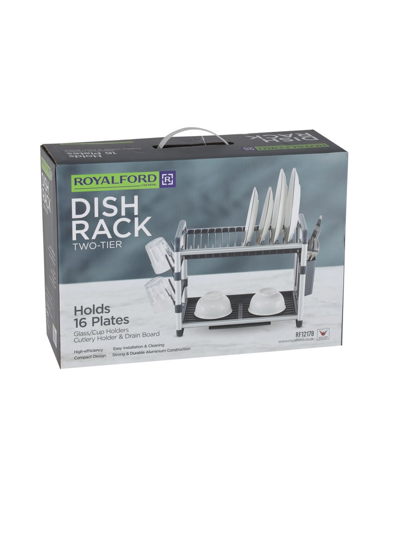 رويال فورد - Royalford 2 layer Aluminum Dish Rack- RF12178/ Organizer for Kitchen to Keep 16 Plates, Bowls, Glasses, Cups, Cutlery/ Drying Stand with a Drain Tray - Image 1