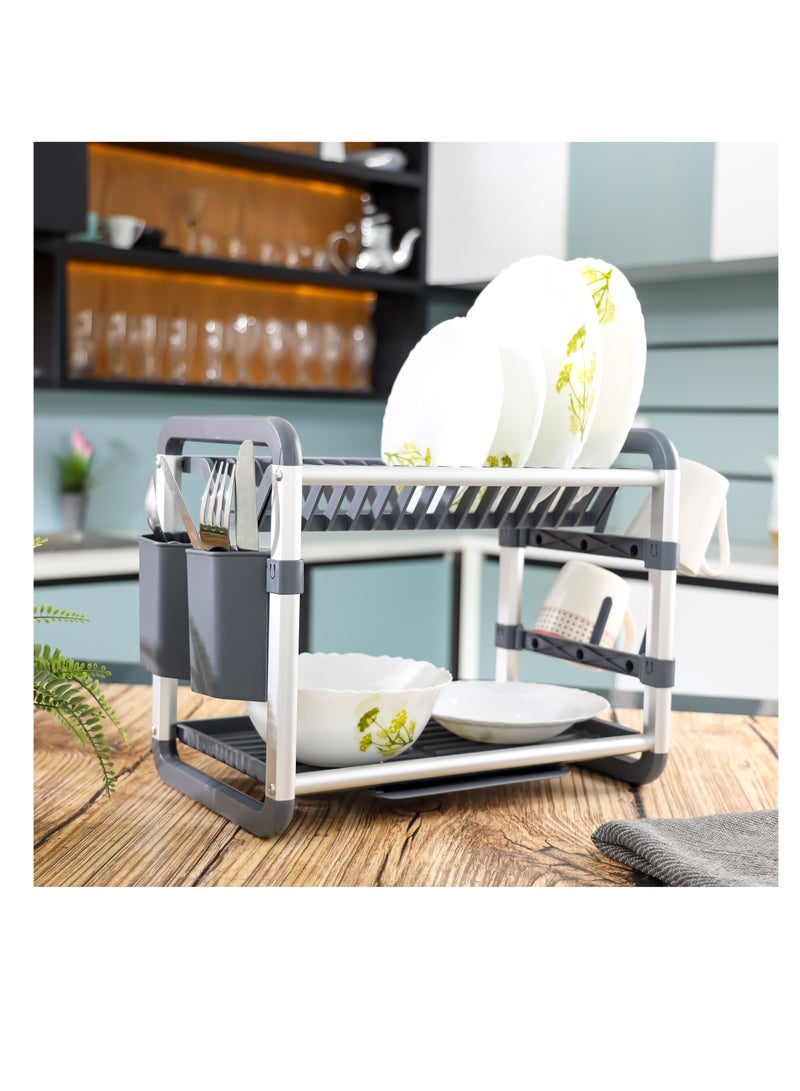رويال فورد - Royalford 2 layer Aluminum Dish Rack- RF12178/ Organizer for Kitchen to Keep 16 Plates, Bowls, Glasses, Cups, Cutlery/ Drying Stand with a Drain Tray - Image 1