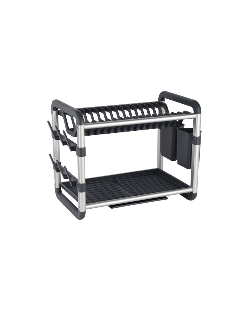 رويال فورد - Royalford 2 layer Aluminum Dish Rack- RF12178/ Organizer for Kitchen to Keep 16 Plates, Bowls, Glasses, Cups, Cutlery/ Drying Stand with a Drain Tray - Image 1