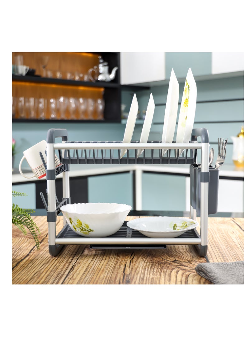 رويال فورد - Royalford 2 layer Aluminum Dish Rack- RF12178/ Organizer for Kitchen to Keep 16 Plates, Bowls, Glasses, Cups, Cutlery/ Drying Stand with a Drain Tray - Image 1