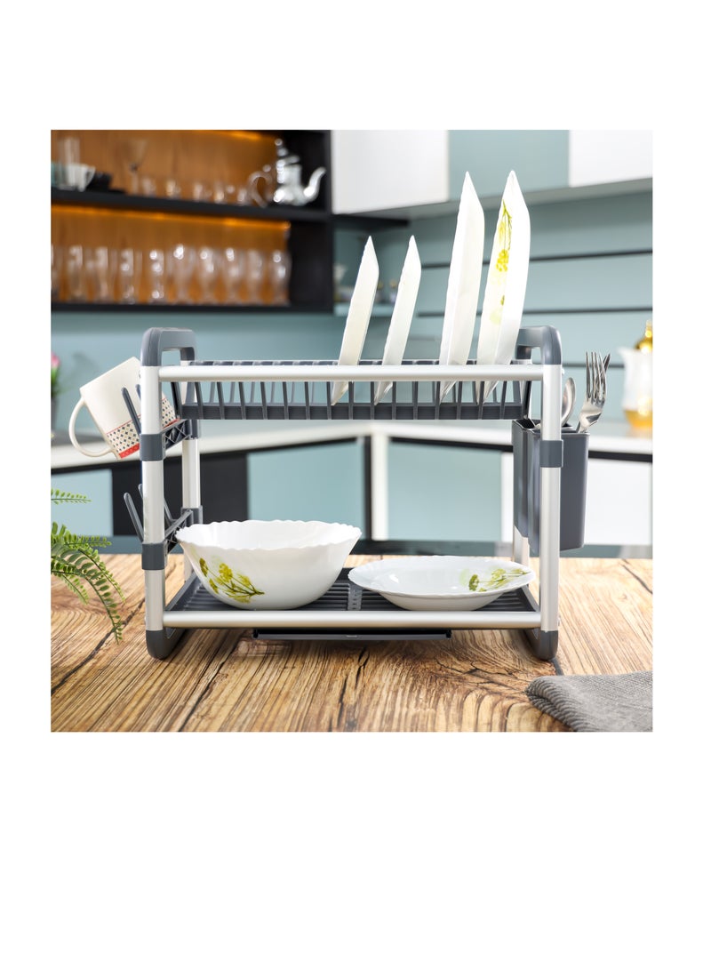 رويال فورد - Royalford 2 layer Aluminum Dish Rack- RF12178/ Organizer for Kitchen to Keep 16 Plates, Bowls, Glasses, Cups, Cutlery/ Drying Stand with a Drain Tray - Image 1