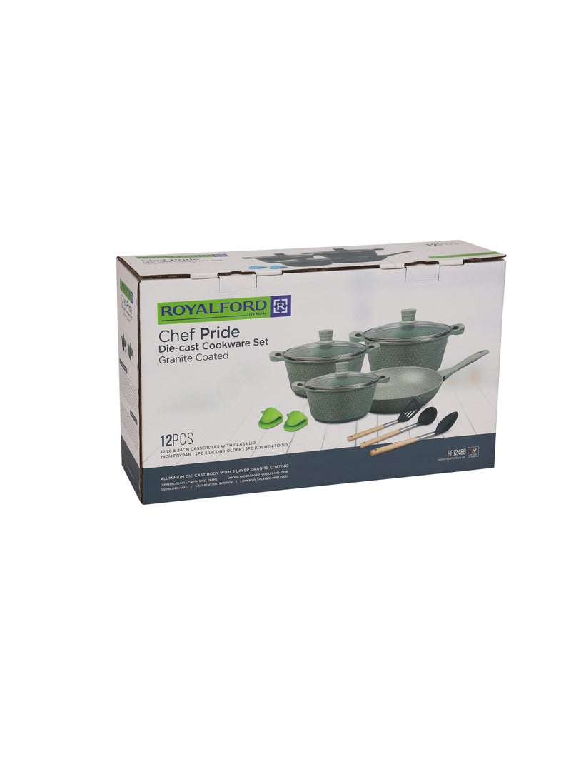 رويال فورد Royalford 12-piece Chef Pride Die-Cast Aluminum Cookware Set- RF12488/ Granite Coated with 2.5 mm Thickness, Induction Base, Handles and Glass Lid Blue  - Image 2