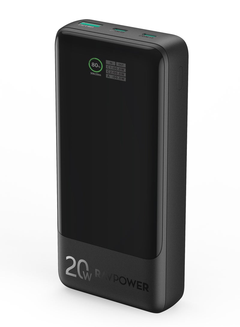 RAVPOWER 20000 mAh Portable Battery 20W, with Dual Type-C Ports, USB Port, and Display Screen - Black  - Image 1