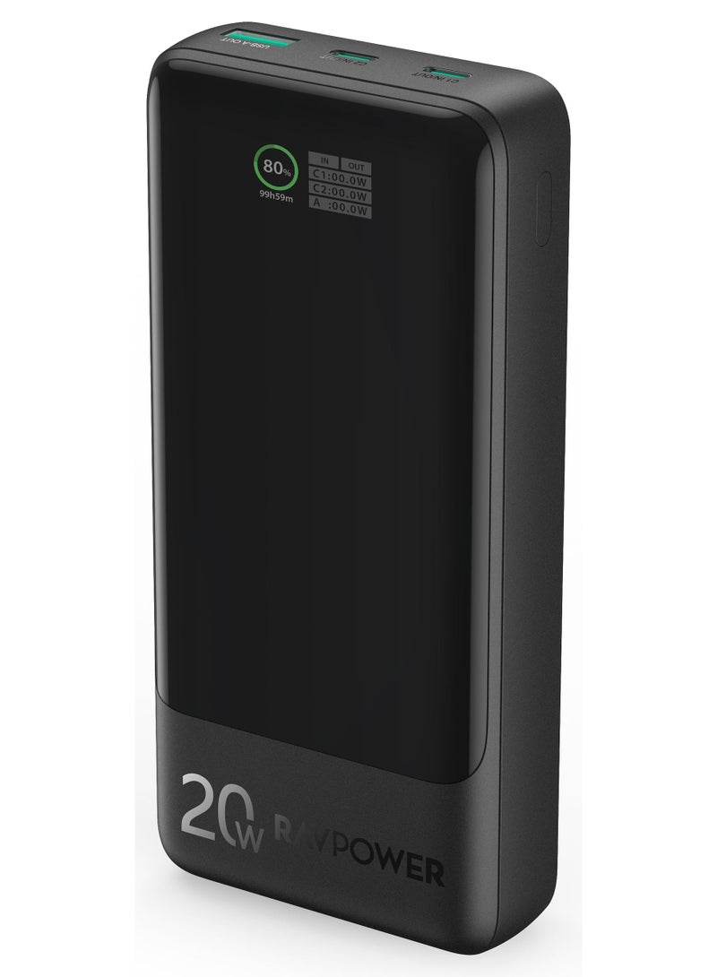 RAVPOWER Portable Battery 20W, with Dual Type-C Ports, USB Port, and Display Screen - Black - Image 1