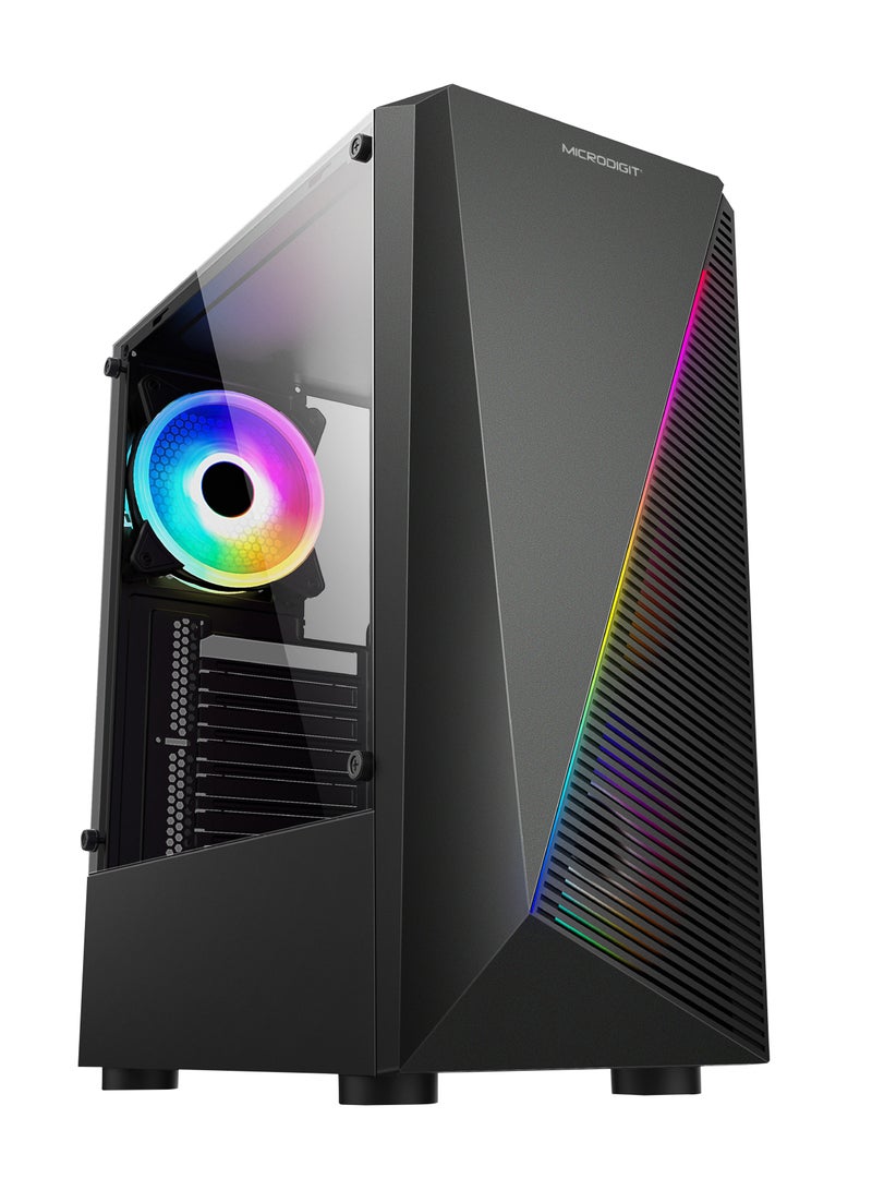 ميكرو ديجيت - Desktop Computer Case Chassis  Gaming Computer Case / PC Cabinet Strata with Tempered Glass & Cooling Fan With RGB Light Black - Image 1