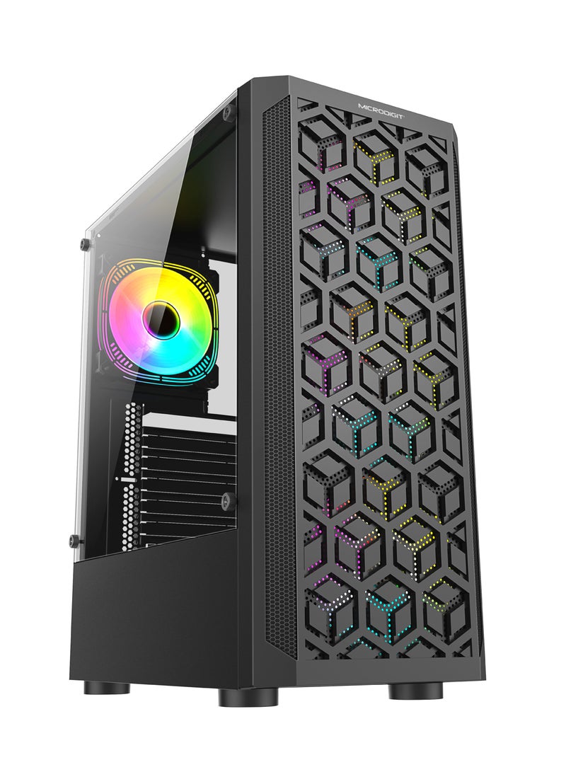 Microdigit - Premium PC Cabinet With LED Technology /Special Laser Cut/3D Head Disspation &Clear Inside View Black - Image 1