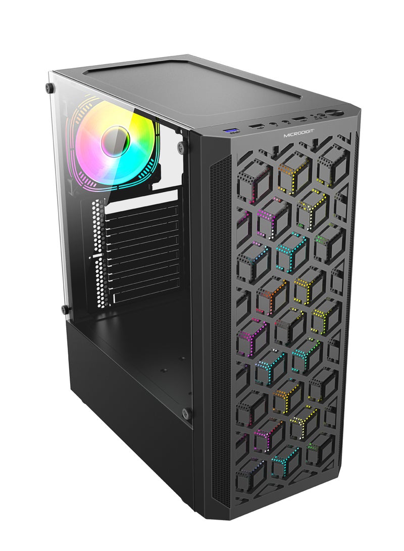 Microdigit - Premium PC Cabinet With LED Technology /Special Laser Cut/3D Head Disspation &Clear Inside View Black - Image 1