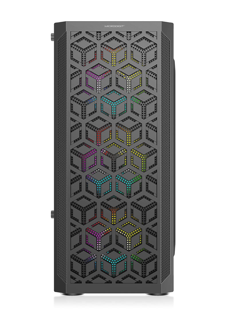 Microdigit - Premium PC Cabinet With LED Technology /Special Laser Cut/3D Head Disspation &Clear Inside View Black - Image 1