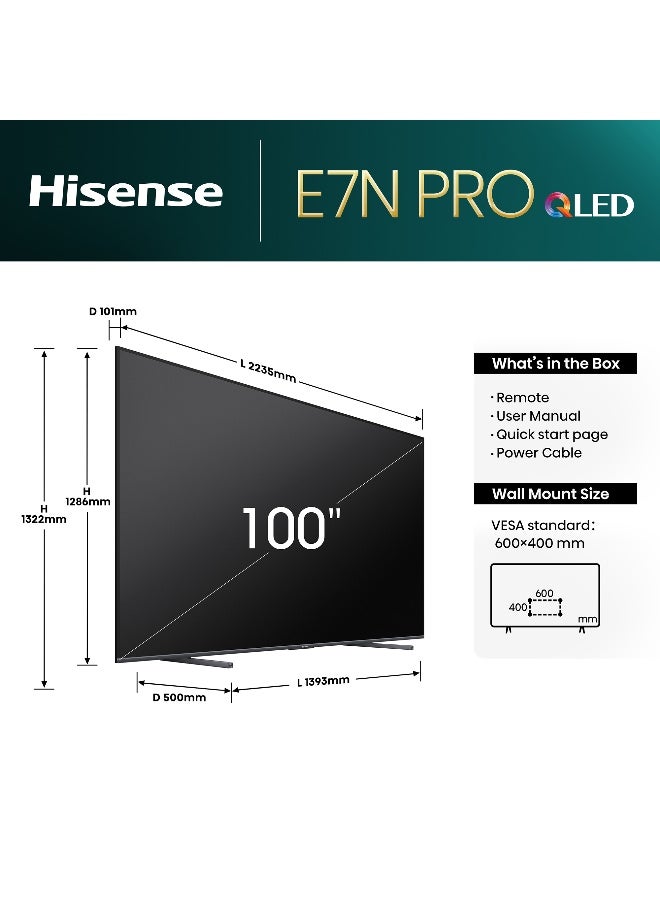 Hisense 100-inch QLED 144Hz Smart TV 100E7N PRO Quantum Dot Colour, AI Sports Mode, Dolby Atmos·Vision, Fully Array Local Dimming, Game Mode Pro, Voice Control, Filmmaker Mode, Build-in Subwoofer 100E7N Black - Image 2