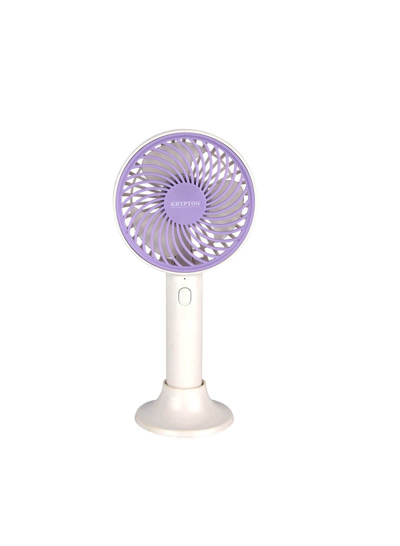 KRYPTON 4" Handy Fan, 3 Speed Control, with Charging Indicators, 6 Hours Long Working Time/ Small, Lightweight, Rechargeable for Indoor and Outdoor Use by Women and Men, Makeup Artist, Table Standing Base Included, 2 Years Warranty KNF6038 White/Purple  - Image 1