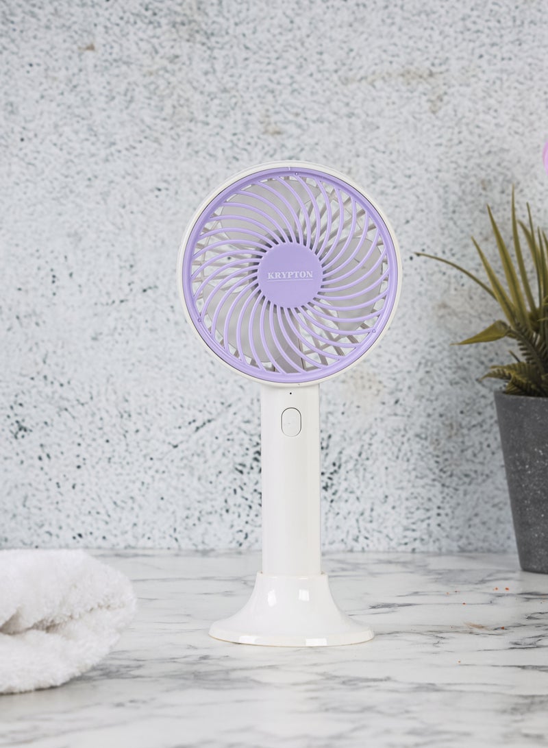 KRYPTON 4" Handy Fan, 3 Speed Control, with Charging Indicators, 6 Hours Long Working Time/ Small, Lightweight, Rechargeable for Indoor and Outdoor Use by Women and Men, Makeup Artist, Table Standing Base Included, 2 Years Warranty KNF6038 White/Purple  - Image 5