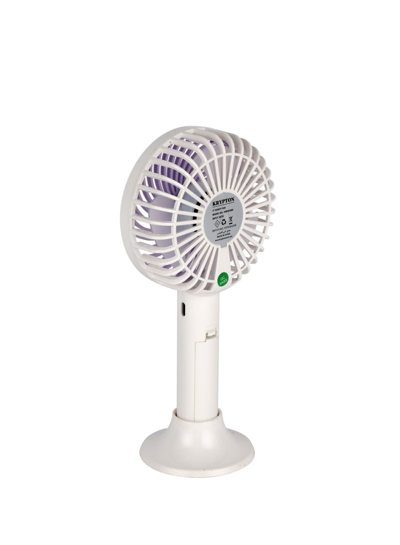 KRYPTON 4" Handy Fan, 3 Speed Control, with Charging Indicators, 6 Hours Long Working Time/ Small, Lightweight, Rechargeable for Indoor and Outdoor Use by Women and Men, Makeup Artist, Table Standing Base Included, 2 Years Warranty KNF6038 White/Purple  - Image 3