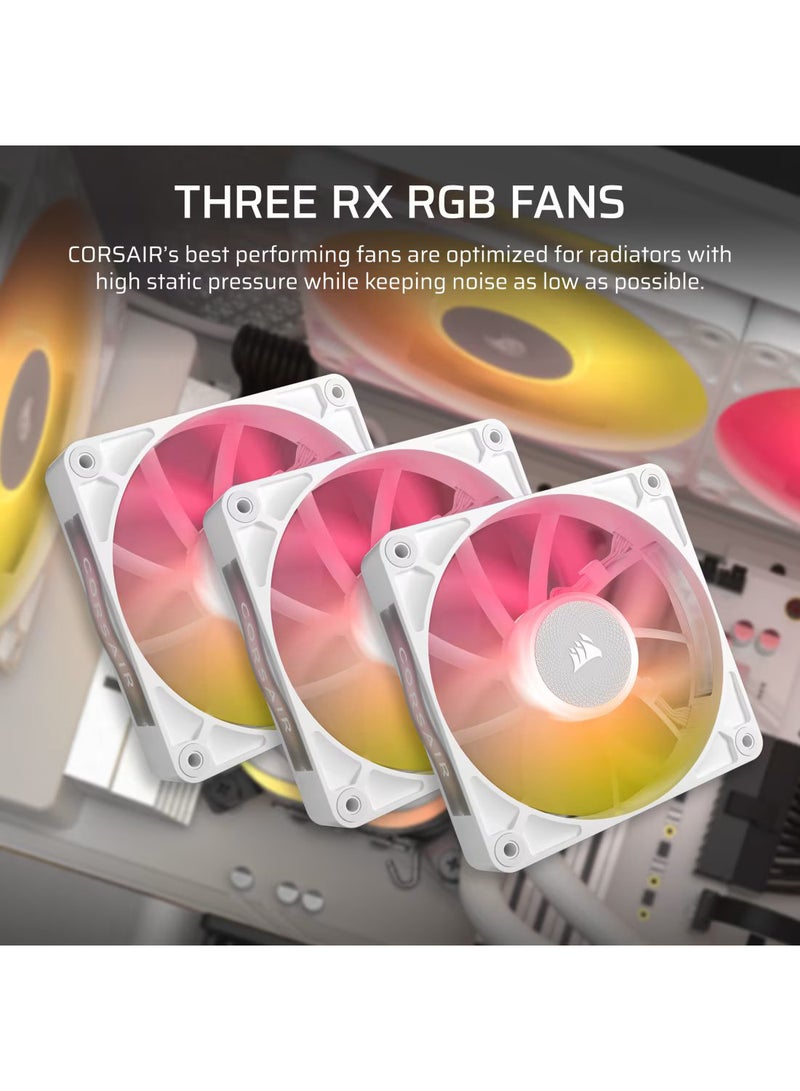 كورسير iCUE LINK TITAN 360 RX RGB AIO Liquid CPU Cooler – 396mm Radiator, 3 x 120mm RX120 RGB Fans, 20 RGB LEDs on Pump, Copper Cold Plate, Aluminum Radiator, Compatible with Intel & AMD CPUs, 450mm Tubing, 300-2100 RPM Fan Speed, 10.4-73.5 CFM Airflow, Digital Fan Control, CW-9061021-WW White  - Image 3