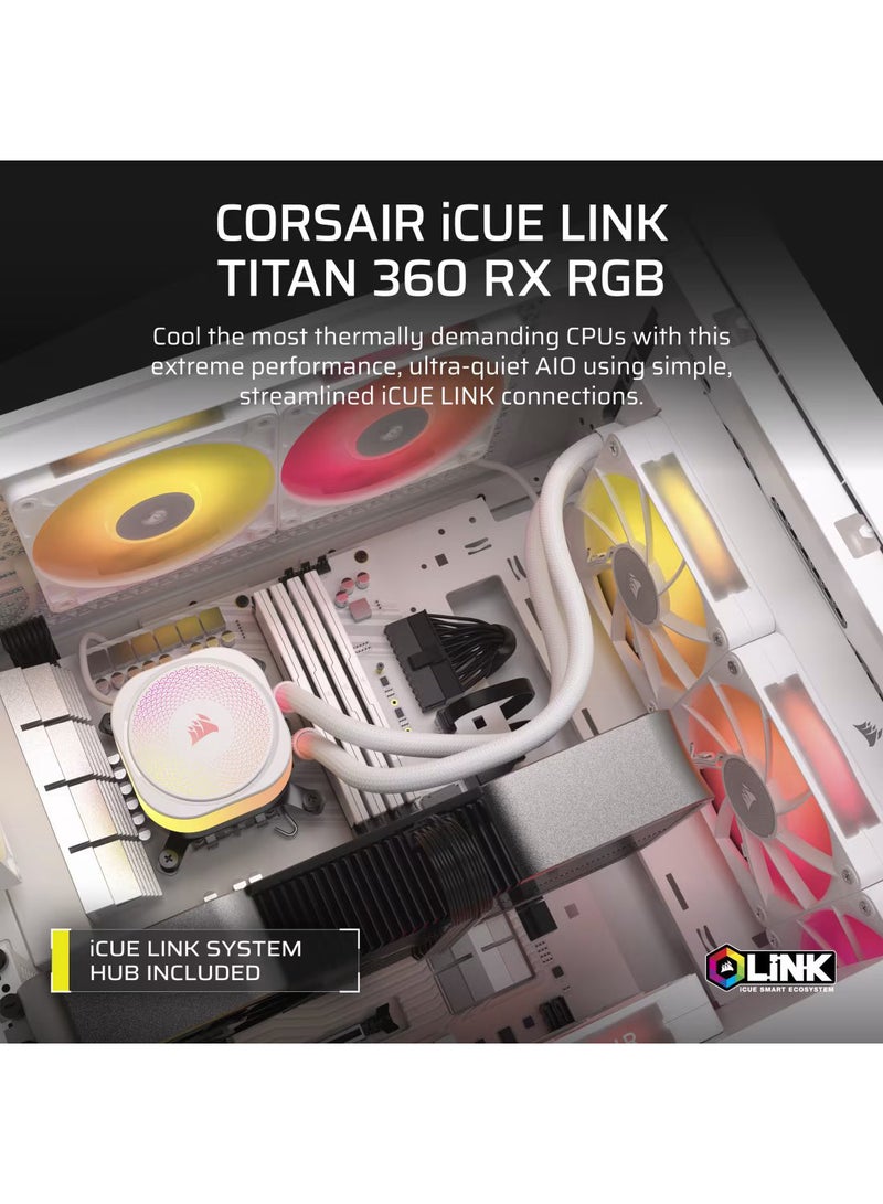 كورسير iCUE LINK TITAN 360 RX RGB AIO Liquid CPU Cooler – 396mm Radiator, 3 x 120mm RX120 RGB Fans, 20 RGB LEDs on Pump, Copper Cold Plate, Aluminum Radiator, Compatible with Intel & AMD CPUs, 450mm Tubing, 300-2100 RPM Fan Speed, 10.4-73.5 CFM Airflow, Digital Fan Control, CW-9061021-WW White  - Image 2