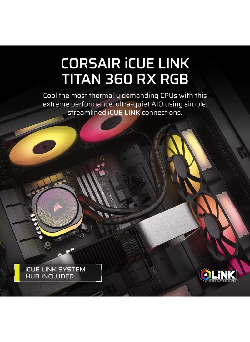 كورسير iCUE LINK TITAN 360 RX RGB AIO Liquid CPU Cooler – 396mm Radiator, 3 x 120mm RX120 RGB Fans, 20 RGB LEDs on Pump, Copper Cold Plate, Aluminum Radiator, Compatible with Intel & AMD CPUs, 450mm Tubing, 300-2100 RPM Fan Speed, 10.4-73.5 CFM Airflow, Digital Fan Control, CW-9061018-WW Black  - Image 2