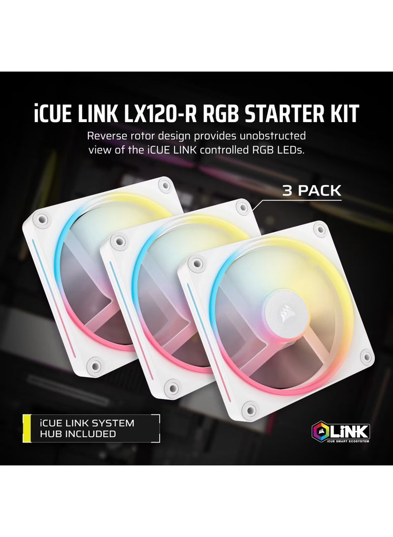 CORSAIR iCUE Link LX120 R RGB 120mm PWM Reverse Fans Starter Kit - 3 x 120mm Fans, RGB Lighting, High-Airflow, Quiet Operation, iCUE Compatible, Performance-Packed for PC Cooling, PWM Control, CO-9051054-WW White - Image 2