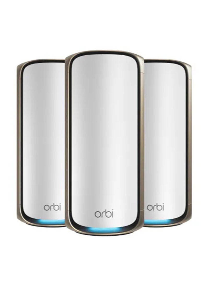 NETGEAR - Orbi 970 Series Quad-Band WiFi 7 Mesh Network System RBE973S, Router + 2 Satellite Extenders, Covers Up to 10,000 sq. ft., 200 Devices, 10 Gig Internet Port, BE27000 Up to 27Gbps White - Image 1