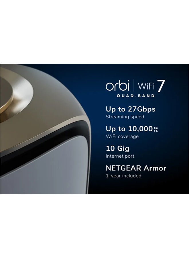 NETGEAR - Orbi 970 Series Quad-Band WiFi 7 Mesh Network System RBE973S, Router + 2 Satellite Extenders, Covers Up to 10,000 sq. ft., 200 Devices, 10 Gig Internet Port, BE27000 Up to 27Gbps White - Image 1