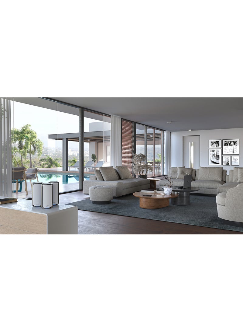 NETGEAR - Orbi 970 Series Quad-Band WiFi 7 Mesh Network System RBE973S, Router + 2 Satellite Extenders, Covers Up to 10,000 sq. ft., 200 Devices, 10 Gig Internet Port, BE27000 Up to 27Gbps White - Image 1