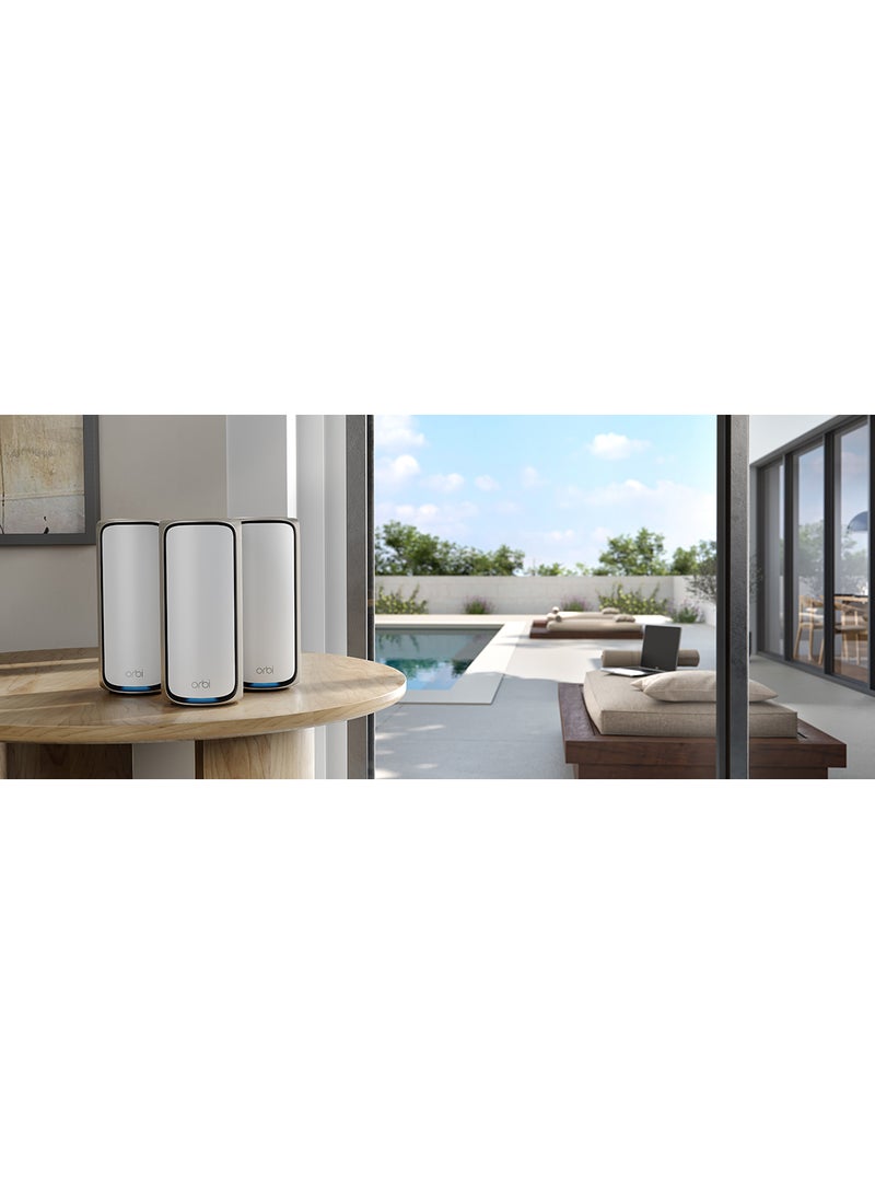 NETGEAR - Orbi 970 Series Quad-Band WiFi 7 Mesh Network System RBE973S, Router + 2 Satellite Extenders, Covers Up to 10,000 sq. ft., 200 Devices, 10 Gig Internet Port, BE27000 Up to 27Gbps White - Image 1