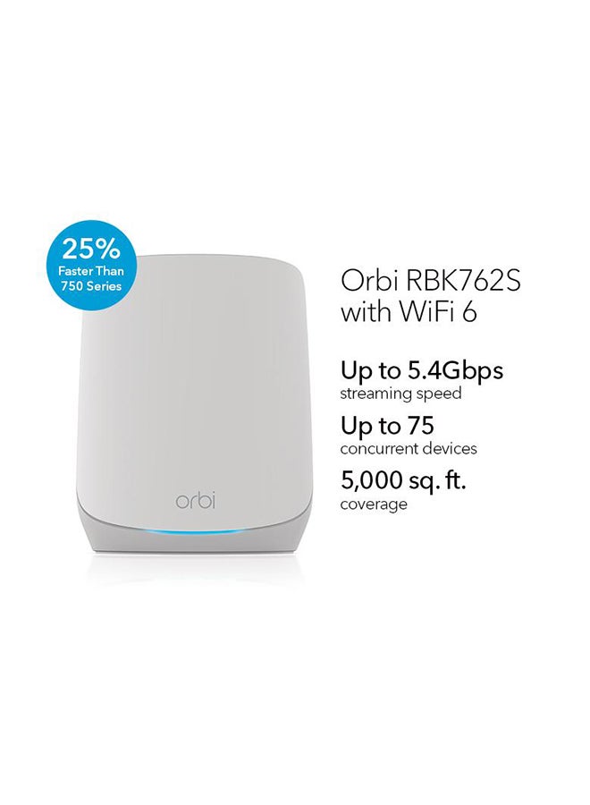 NETGEAR - Orbi Whole Home Tri-Band Mesh WiFi 6 System (RBK762S) – Router with 1 Satellite Extender | Coverage up to 5,000 sq. ft, 75 Devices | AX5400 Up to 5.4Gbps White - Image 1