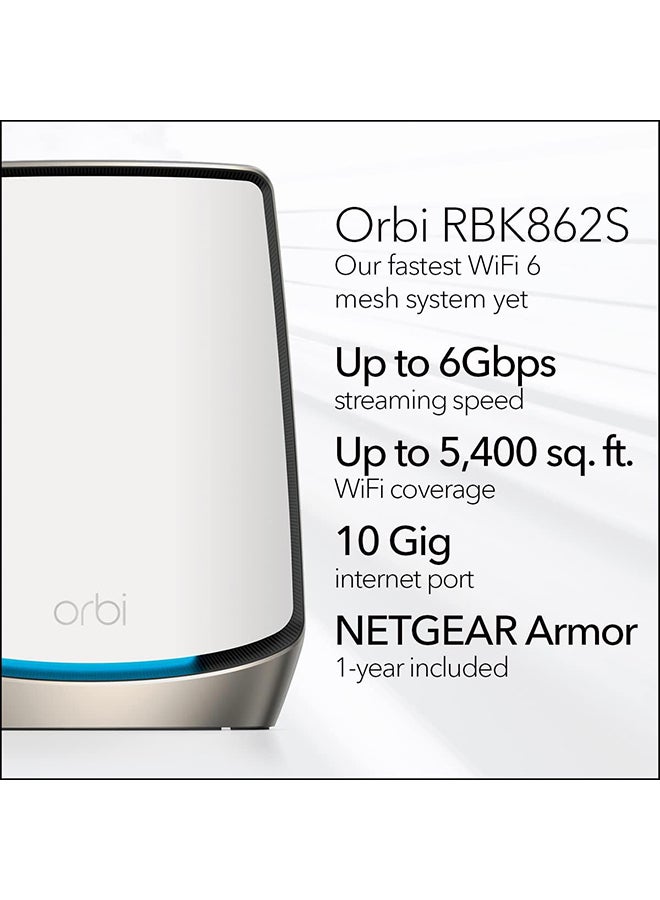 NETGEAR - Orbi Tri-Band WiFi 6 Mesh System RBK862S AX6000 Router with 1 Satellite Extender Up to 6Gbps Coverage up to 5400 sq.ft., 100 Devices, 10 Gig Internet Port, Armor Subscription White - Image 1