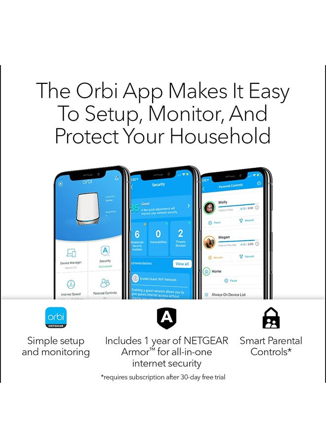NETGEAR - Orbi Tri-Band WiFi 6 Mesh System RBK862S AX6000 Router with 1 Satellite Extender Up to 6Gbps Coverage up to 5400 sq.ft., 100 Devices, 10 Gig Internet Port, Armor Subscription White - Image 1