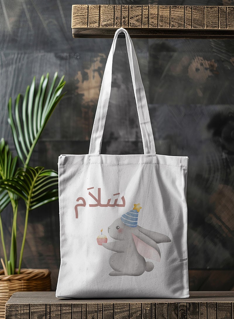 LOWHA Customizable Polyester Tote Bag with Shoulder Straps Personalized with Your Name and Cute Bunny Design White - Image 4