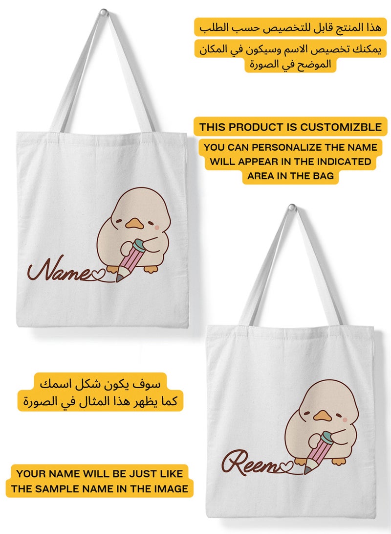 LOWHA Customizable Polyester Tote Bag with Shoulder Straps Personalized with Your Name and Duckling Design White - Image 2